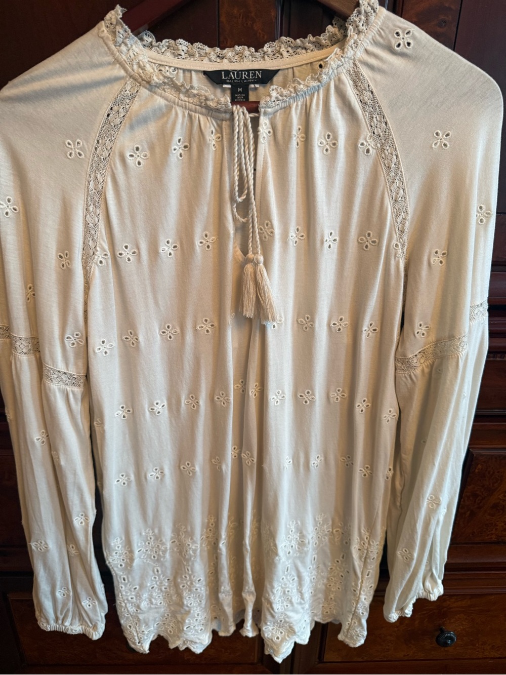 Lauren Ralph Lauren Cream Eyelet Tassel Peasant Top